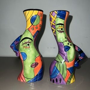 PICASSO STYLE MUZEUM HAND-PAINTED CERAMIC CANDLESTICKS (Set of 2)